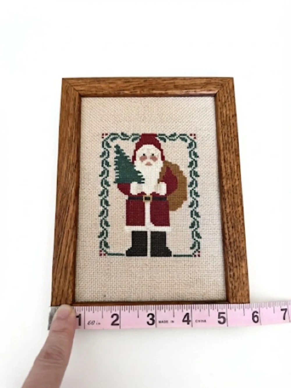Handmade Cross Stitch Santa Framed Décor Cottagecore Christmas